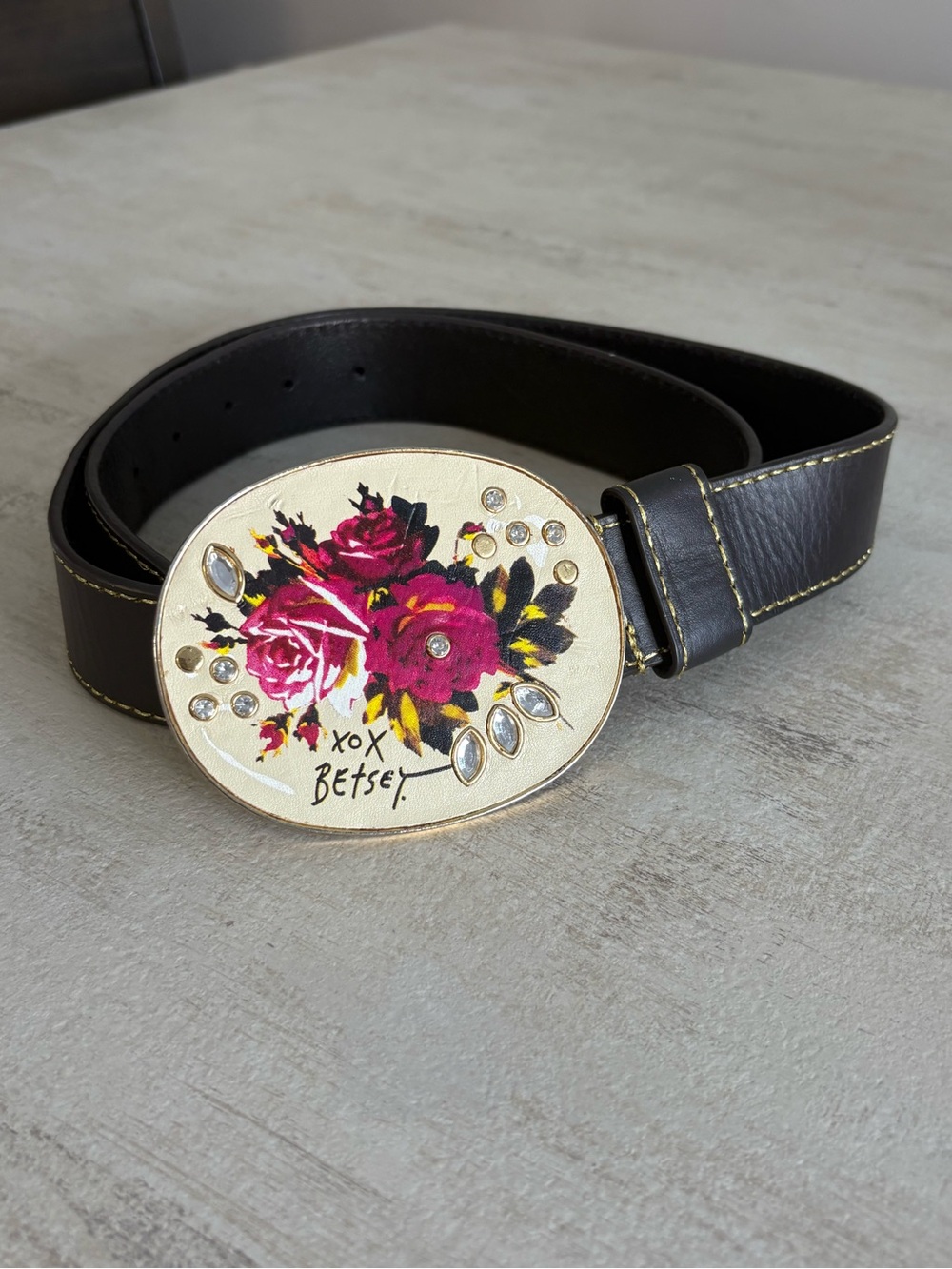 Betsey Johnson Black Belt with Floral Crystal Oval Buckle